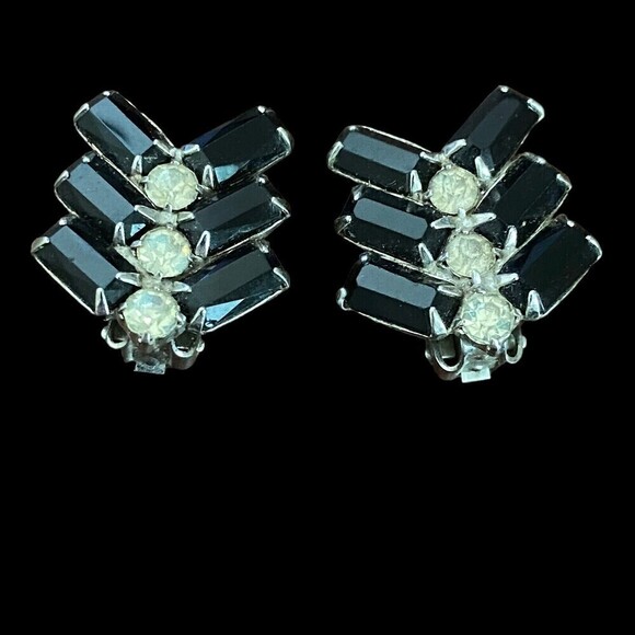 Vintage Black and Clear Rhinestone Silver Tone Clip Earrings - Picture 1 of 4